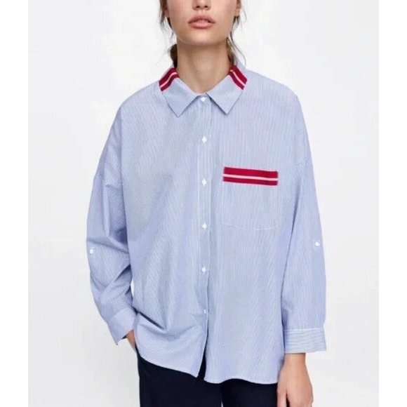 Zara Shirt Poplin Blue Stripe Button Down Roll Tab Sleeve Top - Picture 2 of 12
